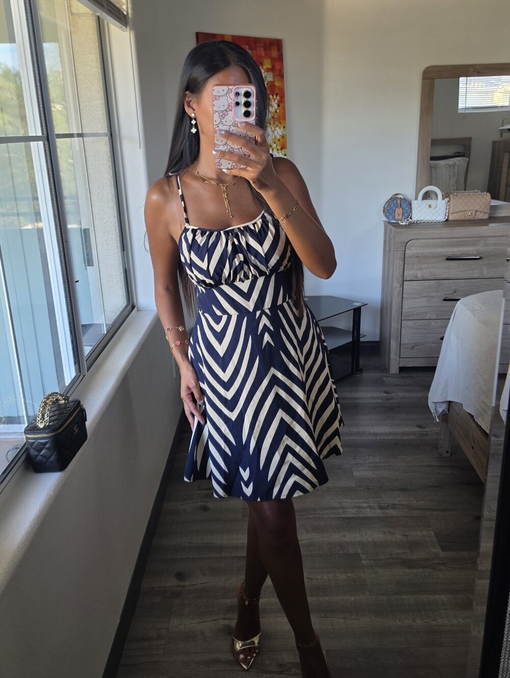 Navy and Cream Striped Mini Sundress with Spaghetti Straps